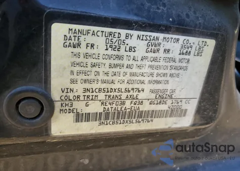 2005 Nissan Sentra 1.8 z USA, uszkodzony, nr VIN 3N1CB51DX5L569764